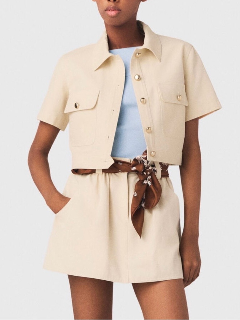 Cropped Short-Sleeve Beige Jacket - Women's